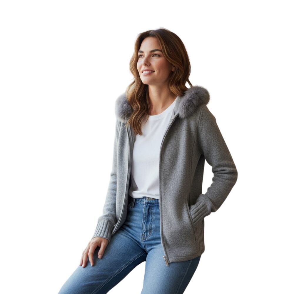 Neiman Marcus Fox Fur Cashmere Full Zip Hoodie Jacket Gray Women's Size M
